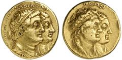 GRIECHEN ÄGYPTEN Ptolemaios II. Philadelphos, 283 - 246 v.Chr. Oktodrachme (13,85g). Mzst. Alexandria. Vs.: AΔEΛΦΩN, gestaffelte Büsten des Ptolemaios II. und der Arsinoe II., l. im Feld Schild. Rs.: 