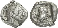 GRIECHEN ATTIKA ATHEN Tetradrachme (16,19g). 500 - 483 v. Chr. Vs.: Athenakopf mit attischem Helm n. r. Rs.: AΘE, Eule n. r. Dahinter Olivenzweig. Svoronos Taf. 3 ­ 5; Seltman Group G; SNG Cop. 16; SN