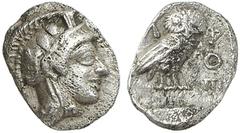 GRIECHEN ATTIKA ATHEN Obol (0,65g). 2. Drittel 5. Jh. v. Chr. Vs.: Kopf der Athena mit attischem Helm nach r. Rs.: AΘE, Eule, Olivenzweig und Mondsichel. Svoronos Taf.8,40ff.; Seltman Taf. XXIV; Slg. 