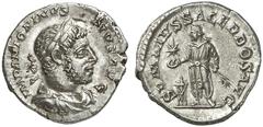 RÖMER RÖMISCHE KAISERZEIT Elagabal, 218 - 222 n. Chr. Denar (3,36g). Mzst. Rom. Vs.: IMP ANTONINVS PIVS AVG, drapierte Büste mit Lorbeerkranz u. "Horn" n. r. Rs.: SVMMVS SACERDOS AVG, Elagabal mit Zwe