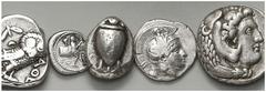 LOTS Griechische AR Tetradrachmen von Athen, 4. Jh. v. Chr. (1), Philipp II. (1) und Alexander III. (1). Ansonsten kleinere Nominale aus Makedonien und Thessalien. VERKAUFT WIE BESEHEN, KEINE RÜCKGABE