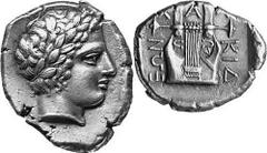 GRIECHEN MAKEDONIEN OLYNTH Objekt-Nr.: 75 für den Chalkidischen Bund, Tetradrachme, (14,02 g.), 5. Jh. v. Chr. Vs.: Kopf des Apollon mit Lorbeerkranz l. Rs.:XALKIDEWN, Kithara. D.M.Robinson - P.S.Clem