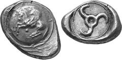 GRIECHEN LYKIEN UNBESTIMMTER DYNAST Objekt-Nr.: 197 Stater (9,88 g.), 460 / 440 v. Chr. Mzst. unbestimmt. Vs.: Nach l. abhebender Pegasos auf Rundschild. Darunter Punkt. Rs.: Triskeles mit Punkt in ru