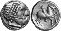 KELTEN MITTLERE UND UNTERE DONAU Nachahmungen der Tetradrachmen und Teilstücke Philipps II. Objekt-Nr.: 1026 Typ mit dreifachem Perlkranz Tetradrachme, (13,66 g.), Vs.: Stilisierter Zeuskopf mit ausla