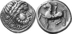 KELTEN MITTLERE UND UNTERE DONAU Nachahmungen der Tetradrachmen und Teilstücke Philipps II. Objekt-Nr.: 1039 Unbekannter Typus Tetradrachme, (13,14 g.), Vs.: Stilisierter Kopf des Zeus mit Lorbeerkran
