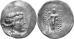 KELTEN MITTLERE UND UNTERE DONAU Nachahmungen der Tetradrachmen von Thasos Objekt-Nr.: 1043 Klasse V: Punktlegende Tetradrachme, (15,71 g.), Vs.: Kopf des Dionysos n. r. Rs.: Linkshin stehender Herakl