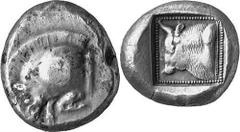 GRIECHEN LYKIEN Unbestimmt. Objekt-Nr.: 1455 Stater, (9,26 g.), ca. 500 / 480 v. Chr. Mzst. unbest. Vs.: Eberprotome l. Rs.: Quadratisches Incusum mit Perlrahmen und Stierprotome n. l. SNG Aul. 4070. 