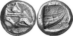 GRIECHEN LYKIEN PHASELIS Objekt-Nr.: 1471 Tetrobol, (3,48 g.), 5. Jh. v. Chr. Vs.: Schiffsbug n. r. Rs.: F-AS, Schiffsheck n. r. C.Heipp.Tamer, Die Münzprägung der lykischen Stadt Phaselis in griechis