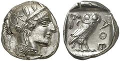 GRIECHEN ATTIKA ATHEN Tetradrachme (17,20g). nach 449 v. Chr. Vs.: Kopf der Athena mit attischem Helm und Lorbeerkranz n. r. Rs.: AΘE, Eule, Olivenzweig und Mondsichel. Starr Taf. 22f. Rs. winziger Sc