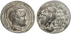 GRIECHEN ATTIKA ATHEN Tetradrachme des Neuen Stils (16,78g). 134/133 v. Chr. Vs.: Kopf der Athena mit attischem Helm nach r. Rs.: A-ΘE, Eule auf Amphora, Beamte: TIM-AΡXOΥ / NIKAΓO / ΔOΡOΘ. Auf der Am