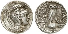 GRIECHEN ATTIKA ATHEN Tetradrachme des Neuen Stils (16,84g). 113/112 v. Chr. Vs.: Kopf der Athena mit attischem Helm nach r. Rs.: A-ΘE, Eule auf Amphora, Beamte: EΥM/AΡEI/ΔHΣ / AΛKI/ΔAM / ΘOI, im Feld