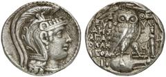 GRIECHEN ATTIKA ATHEN Tetradrachme des Neuen Stils (16,63g). 110/109 v. Chr. Vs.: Kopf der Athena mit attischem Helm nach r. Rs.: A-ΘE, Eule auf Amphora, Beamte: EΥBO-ΥΛI/ΔHΣ / AΓAΘ/OKΛH / ΘEOΔΩ, im F