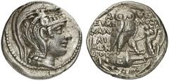 GRIECHEN ATTIKA ATHEN Tetradrachme des Neuen Stils (16,72g). 108/107 v. Chr. Vs.: Kopf der Athena mit attischem Helm nach r. Rs.: A-ΘE, Eule auf Amphora, Beamte: EΥMH-ΛOΣ / KAΛ/ΛI/ΦΩN / ΔIOK, im Feld 