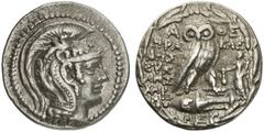 GRIECHEN ATTIKA ATHEN Tetradrachme des Neuen Stils (16,36g). 105/104 v. Chr. Vs.: Kopf der Athena mit attischem Helm nach r. Rs.: A-ΘE, Eule auf Amphora, Beamte: HΡA-KΛEI / EΥK/ΛHΣ / XAΡ/MIΔ, im Feld 