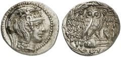 GRIECHEN ATTIKA ATHEN Tetradrachme des Neuen Stils (16,72g). 104/103 v. Chr. Vs.: Kopf der Athena mit attischem Helm nach r. Rs.: A-ΘE, Eule auf Amphora, Beamte: ANΔ-ΡEAΣ / XAΡI/NAΥ/THΣ / KΡIT, auf de