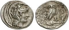 GRIECHEN ATTIKA ATHEN Tetradrachme des Neuen Stils (16,55g). 100/99 v. Chr. Vs.: Kopf der Athena mit attischem Helm nach r. Rs.: A-ΘE, Eule auf Amphora, Beamte: ΔΩ-ΣI/ΘEOΣ / XAΡ/IAΣ / ΔION, im Feld r.