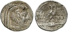 GRIECHEN ATTIKA ATHEN Tetradrachme des Neuen Stils (16,45g). 99/98 v. Chr. Vs.: Kopf der Athena mit attischem Helm nach r. Rs.: A-ΘE, Eule auf Amphora, Beamte: ΔH-MH-TΡI-OΣ / AΓA/ΘIΠ/ΠOΣ, Buchstabe au