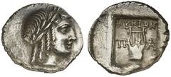 GRIECHEN LYKIEN LYKISCHER BUND Patara Hemidrachme (2,68g). 1. Hälfte 1. Jh. v. Chr. Vs.: Apollonkopf in archaistischem Stil mit Lorbeerkranz r. Rs.: ΛΥKIΩN, Dreifuß zwischen Π-A. Troxell 19. Exzellent
