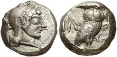 GRIECHEN ATTIKA ATHEN Tetradrachme (17,62g). 500 - 483 v. Chr. Vs.: Athenakopf mit attischem Helm n. r. Rs.: AΘE, Eule n. r. Dahinter Olivenzweig. Svoronos Taf. 4; Seltman Group G; SNG Cop. 18. Gutes 