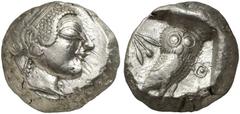 GRIECHEN ATTIKA ATHEN Tetradrachme (17,29g). 500 - 483 v. Chr. Vs.: Athenakopf mit attischem Helm n. r. Rs.: AΘE, Eule n. r. Dahinter Olivenzweig. Svoronos Taf. 5; Seltman Group G; SNG Cop. 17. Gutes 