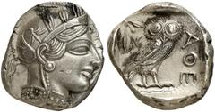 GRIECHEN ATTIKA ATHEN Tetradrachme (17,03g). nach 449 v. Chr. Vs.: Kopf der Athena mit attischem Helm und Lorbeerkranz n. r. Rs.: AΘE, Eule, Olivenzweig und Mondsichel. Starr Taf. 22f. Mit Belag, vz