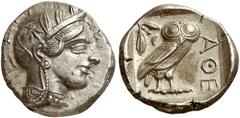 GRIECHEN ATTIKA ATHEN Tetradrachme (17,17g). nach 449 v. Chr. Vs.: Kopf der Athena mit attischem Helm und Lorbeerkranz n. r. Rs.: AΘE, Eule, Olivenzweig und Mondsichel. Starr Taf. 22f. vz