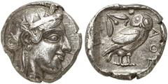 GRIECHEN ATTIKA ATHEN Tetradrachme (17,03g). nach 449 v. Chr. Vs.: Kopf der Athena mit attischem Helm und Lorbeerkranz n. r. Rs.: AΘE, Eule, Olivenzweig und Mondsichel. Starr Taf. 22f. Flament Gruppe 