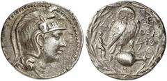 GRIECHEN ATTIKA ATHEN Tetradrachme des Neuen Stils (16,88g). 175/74 v. Chr. Vs.: Kopf der Athena Parthenos mit dreibuschigem, reichverzierten attischen Helm n. r. Rs.: A-ΘE / ΔI-OΦA / ΔIO/ΔO, Eule in 