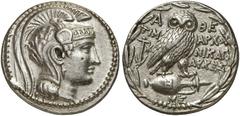 GRIECHEN ATTIKA ATHEN Tetradrachme des Neuen Stils (16,84g). 166/65 v. Chr. Vs.: Kopf der Athena Parthenos mit reich verziertem Helm n. r. Rs.: A-ΘE / TIM-AΡXOΥ / NIKAΓO / AΡXEΣ, Eule auf Amphora n. r