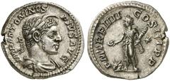 RÖMER RÖMISCHE KAISERZEIT Elagabal, 218 - 222 n. Chr. Denar (3,17g). Mzst. Rom. Vs.: IMP ANTONINVS - PIVS AVG, drapierte Büste mit Lorbeerkranz n. r., über der Stirn Horn. Rs.: P M TR P IIII COS III P