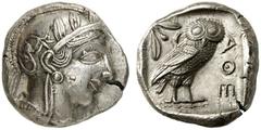 GRIECHEN ATTIKA ATHEN Tetradrachme (17,11g). nach 449 v. Chr. Vs.: Kopf der Athena mit attischem Helm und Lorbeerkranz n. r. Rs.: AΘE, Eule, Olivenzweig und Mondsichel. Starr Taf. 22f. Tönung, vz