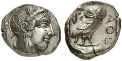 GRIECHEN ATTIKA ATHEN Tetradrachme (17,14g). nach 449 v. Chr. Vs.: Kopf der Athena mit attischem Helm und Lorbeerkranz n. r. Rs.: AΘE, Eule, Olivenzweig und Mondsichel. Starr Taf. 22f. Fast vz