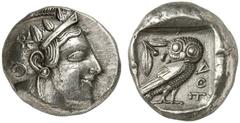 GRIECHEN ATTIKA ATHEN Tetradrachme (17,13g). nach 449 v. Chr. Vs.: Kopf der Athena mit attischem Helm und Lorbeerkranz n. r. Rs.: AΘE, Eule, Olivenzweig und Mondsichel. Starr Taf. 22f. Zarte Tönung, v