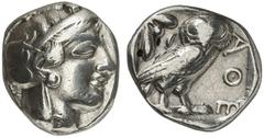 GRIECHEN ATTIKA ATHEN Tetradrachme (15,74g). nach 449 v. Chr. Vs.: Kopf der Athena mit attischem Helm und Lorbeerkranz n. r. Rs.: AΘE, Eule, Olivenzweig und Mondsichel. Starr Taf. 22f. Subärat, gutes 