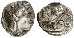 GRIECHEN ATTIKA ATHEN Tetradrachme (17,10g). nach 449 v. Chr. Vs.: Kopf der Athena mit attischem Helm und Lorbeerkranz n. r. Rs.: AΘE, Eule, Olivenzweig und Mondsichel. Starr Taf. 22ff. Rs. Punze, gut