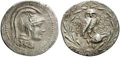GRIECHEN ATTIKA ATHEN Tetradrachme des Neuen Stils (16,57g). 175/4 v. Chr. Vs.: Kopf der Athena mit attischem Helm nach r. Rs.: A-ΘE / ΔI-OΦA / DIO/DO Eule auf Amphora, darauf Z., l. Apollon. Im Absch