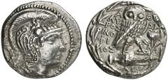 GRIECHEN ATTIKA ATHEN Tetradrachme des Neuen Stils (16,82g). 116/115 v. Chr. Vs.: Kopf der Athena mit attischem Helm nach r. Rs.: A-ΘE, darunter ΛΥ-ΣAN/ΔΡOΣ /OINO/ΦI/ΛOΣ, Eule auf Amphore sitzend. Buc