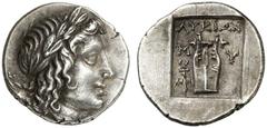 GRIECHEN LYKIEN LYKISCHER BUND Myra Drachme (2,74g). 167 - 100 v. Chr. Vs.: Kopf des Apollon mit Lorbeerkranz n. r. Rs.: ΛΥKIΩN / M-Υ, Kithara des Apollon, links im Feld geflügeltes Kerykeion, das Gan