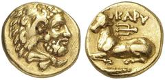 GRIECHEN BÖOTIEN KARYSTOS. Golddrachme (3,41g). um 313 v. Chr. Vs.: Kopf des bärtigen Herakles mit Löwenskalp n. r. Rs.: KAPY, linkshin liegende Kuh, darüber Dreizack, darunter Keule. BMC 17 Taf. XIX 