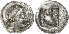 GRIECHEN ATTIKA ATHEN. Tetradrachme (17,02g). Um 510-505 v. Chr. Vs.: Kopf der Athena mit attischen Helm mit hohem Helm­busch n. r. Rs.: Quadratum incusum, darin kleine Eule n. l. sitzend, l. AΘE, r. 