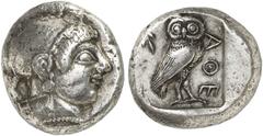 GRIECHEN ATTIKA ATHEN. Tetradrachme (16,97g). Um 505-490 v. Chr. Vs.: Kopf der Athena im attischen Helm mit Scheibenohrring und Perlenkette n. r. Rs.: Quadratum incusum, darin schlanke Eule n. r. steh