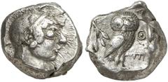GRIECHEN ATTIKA ATHEN. Tetradrachme (17,19g). 500 - 483 v. Chr. Vs.: Athenakopf mit attischem Helm n. r. Rs.: AΘE, Eule n. r. Dahin­ter Olivenzweig. Svoronos Taf. 4; Seltman Gruppe Gi, 185, Taf. IX. G