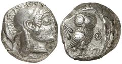 GRIECHEN ATTIKA ATHEN. Tetradrachme (16,72g). Um 490 - 483 v. Chr. Vs.: Athenakopf mit attischem Helm n. r. Rs.: AΘE, Eule n. r. Dahin­ter Olivenzweig. Svoronos Taf. 4; Seltman Gruppe F, Taf. VII. Vs.