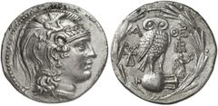 GRIECHEN ATTIKA ATHEN. Tetradrachme des Neuen Stils (16,52g). 189/8 v. Chr. Vs.: Kopf der Athena mit attischem Helm n. r. Rs.: A-ΘE, Eule auf Amphora. Links u. rechts je ein Monogramm, rechts Nike mit