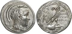 GRIECHEN ATTIKA ATHEN. Tetradrachme des Neuen Stils (16,89g). 136 - 135 v. Chr. Vs.: Kopf der Athena mit attischem Helm n. r. Rs.: A-Θ / HΡA / AΡI-ΣTOΦ / ΦIΛΩ, Eule auf Amphora nach rechts. Darauf E, 