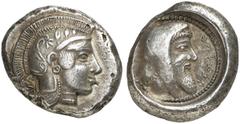 GRIECHEN LYKIEN (•) DYNASTEN. Kherei Stater (8,54g). 440 / 410 v. Chr. Mzst. Pinara. Vs.: Kopf der Athena mit attischem Helm r. Im Nacken "Ke". Rs.: "kherei", Kopf des Dynasten mit persischer Kyrbasia