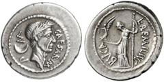 SAMMLUNG RÖMISCHE REPUBLIK RÖMISCHE REPUBLIK NACH 211 V. CHR. L. Aemilius Buca, C. Iulius Caesar, 44 v. Chr. Denar (4,02g). Mzst. Rom. Vs.: Bekränzter Kopf des Caesar n. r., dahinter P, Halbmond, M, d