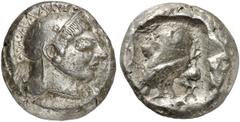 GRIECHEN ATTIKA ATHEN. Tetradrachme (17,20g). 500 - 483 v. Chr. Vs.: Athenakopf mit attischem Helm n. r. Rs.: AΘE, Eule n. r. Dahinter Oli­venzweig. Svoronos Taf. 4; Seltman Group G; SNG Cop. 18. Rs. 