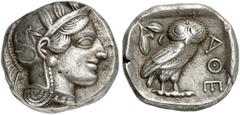 GRIECHEN ATTIKA ATHEN. Tetradrachme (17,14g). 4. Jh. v. Chr. Vs.: Kopf der Athena mit attischem Helm n. r. Rs.: AΘE, Eule, Olivenzweig und Mondsichel. Svoronos Taf. 19. Tönung, breiter Schrötling, gut