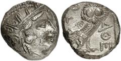 GRIECHEN ATTIKA ATHEN. Tetradrachme (16,89g). 4. Jh. v. Chr. Vs.: Kopf der Athena mit attischem Helm n. r. Rs.: AΘE, Eule, Olivenzweig und Mondsichel. Svoronos Taf.20.3ff. Knapper Schrötling, raue Obe